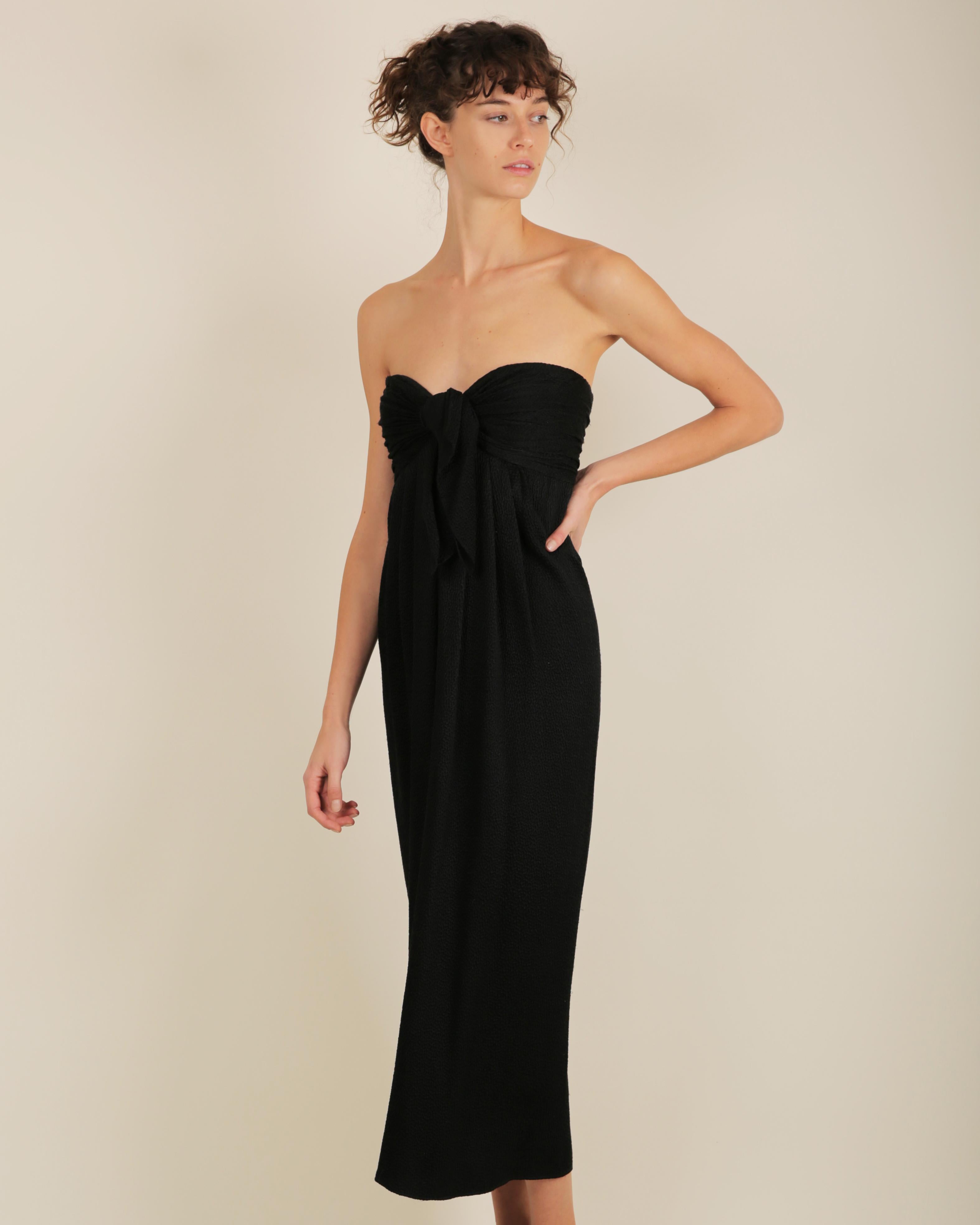Oscar de la Renta black silk textured strapless tie corset bustier midi dress For Sale 1