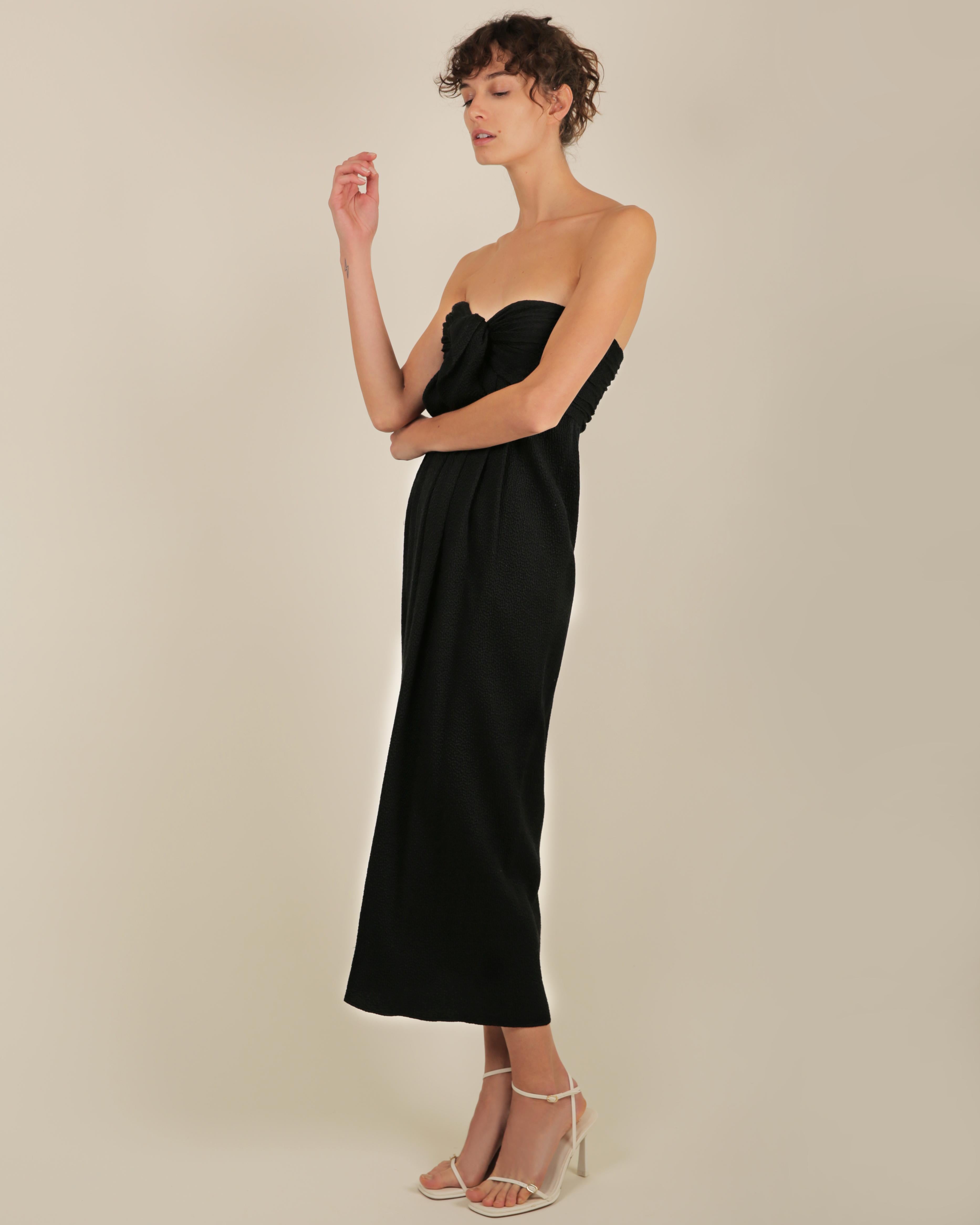 Oscar de la Renta black silk textured strapless tie corset bustier midi dress For Sale 2