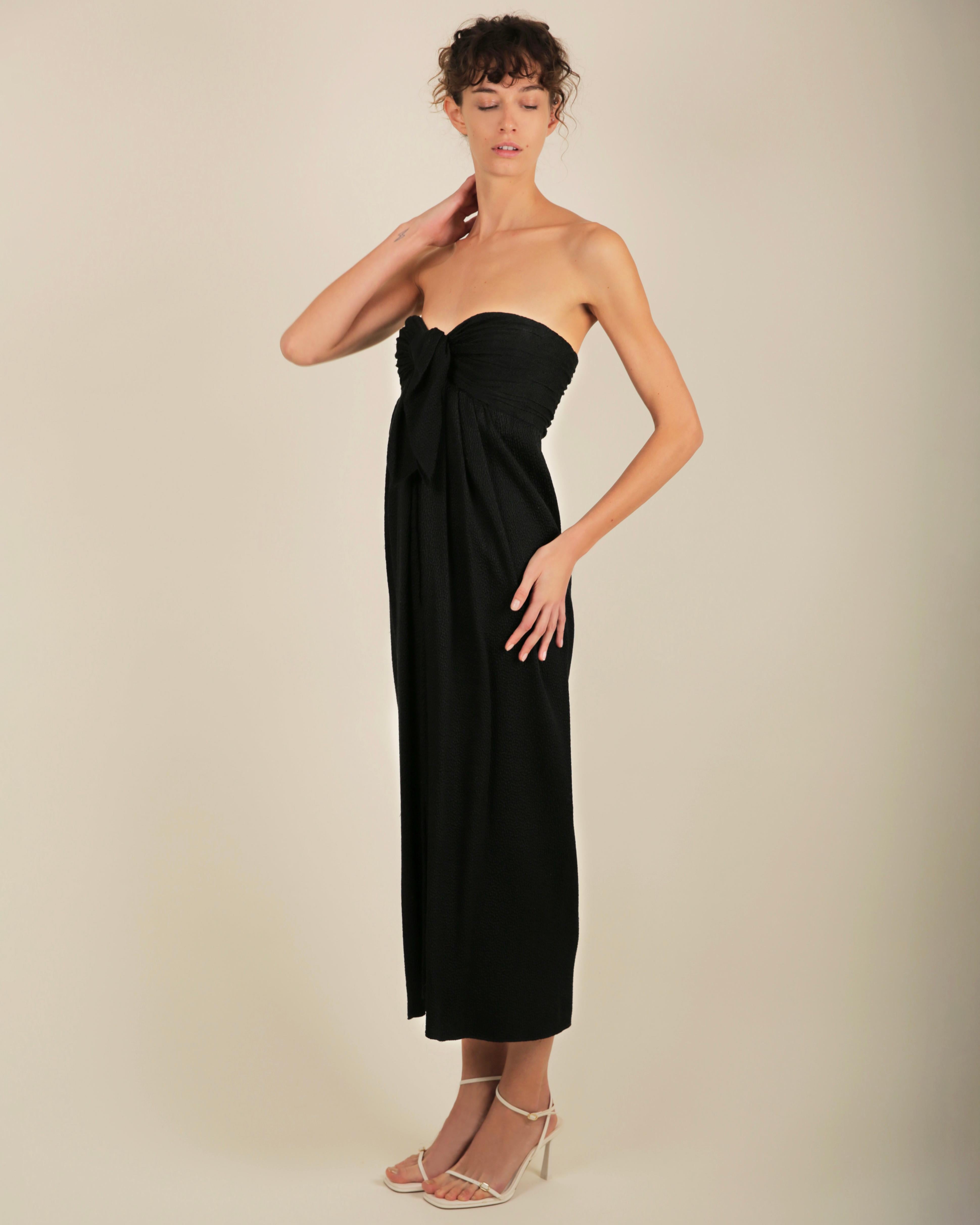 Oscar de la Renta black silk textured strapless tie corset bustier midi dress For Sale 3