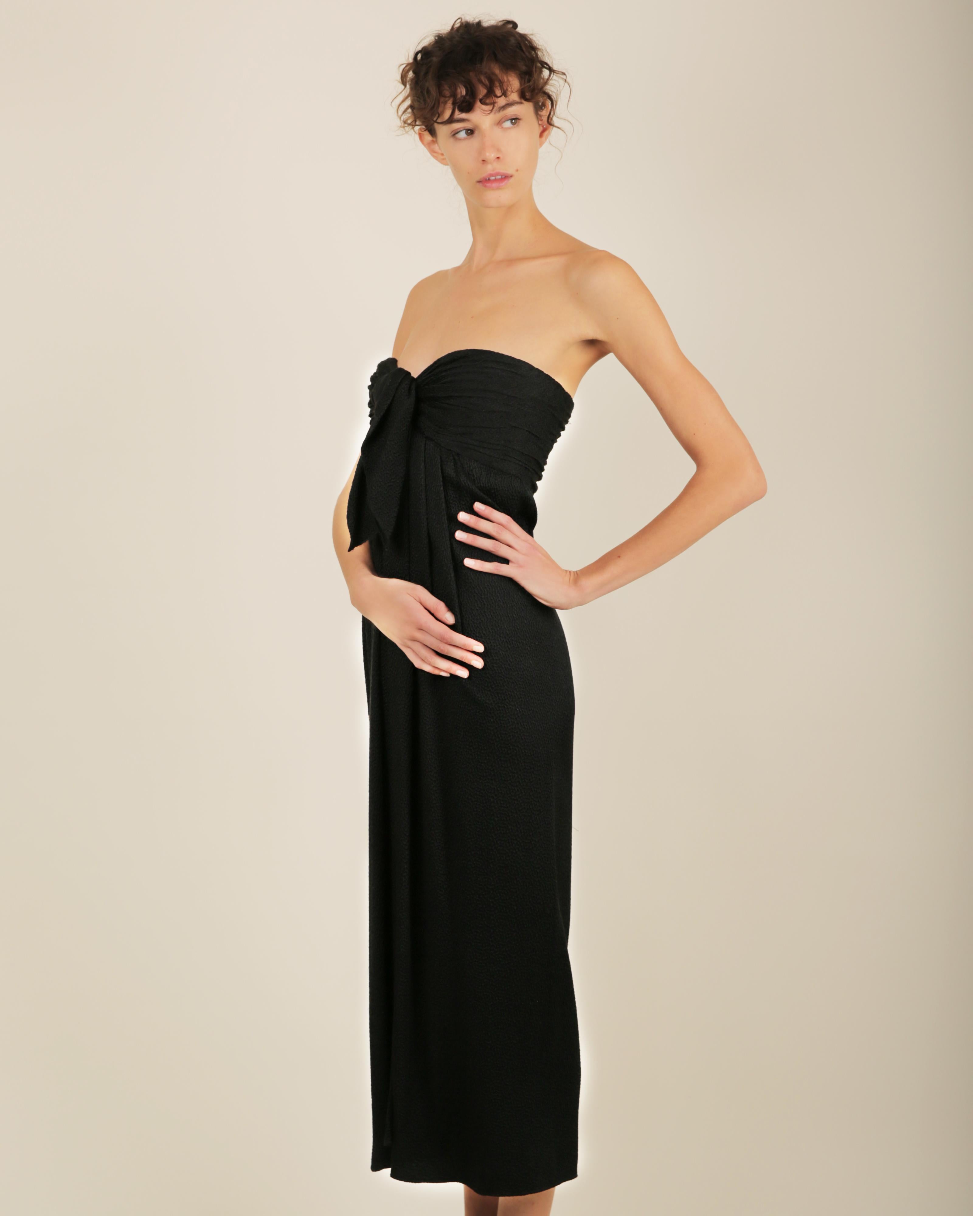 Oscar de la Renta black silk textured strapless tie corset bustier midi dress For Sale 4