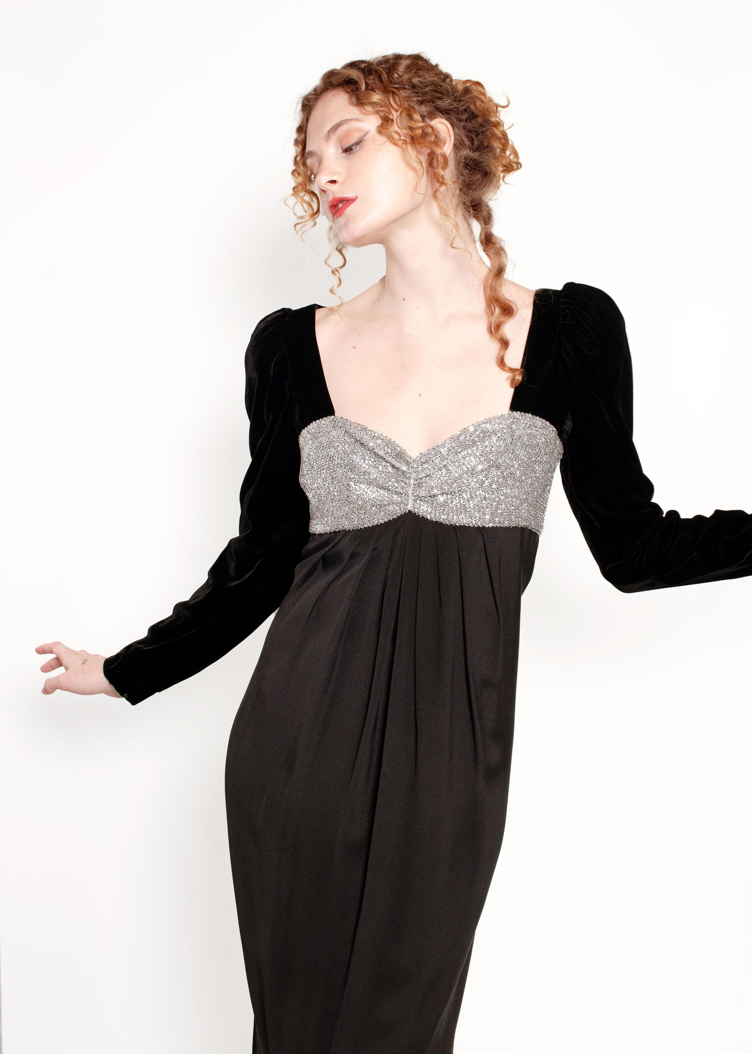 Oscar De La Renta Black Silk & Velvet Silver Bust Dress 1