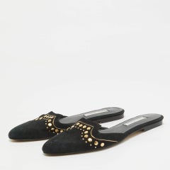 Oscar de la Renta Black Suede Studded Flat Mules Size 38
