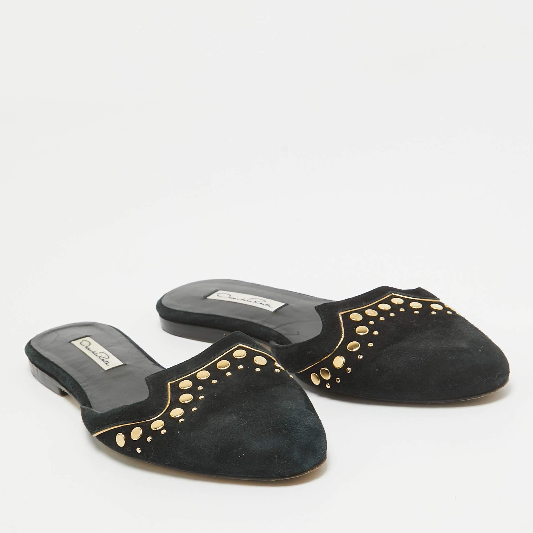 Women's Oscar de la Renta Black Suede Studded Flat Mules Size 38