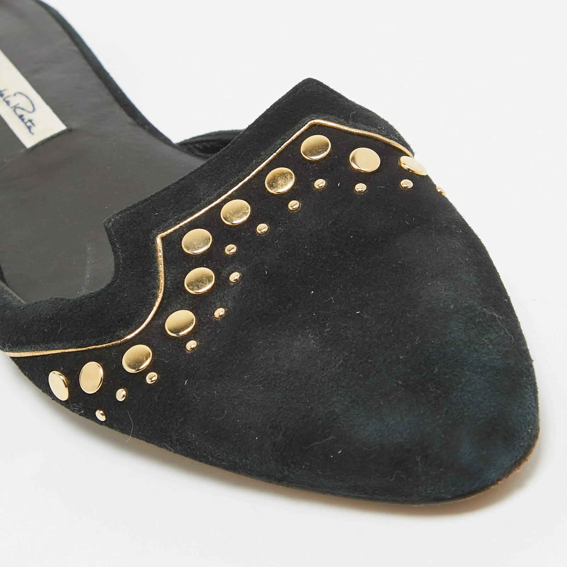 Oscar de la Renta Black Suede Studded Flat Mules Size 38 3