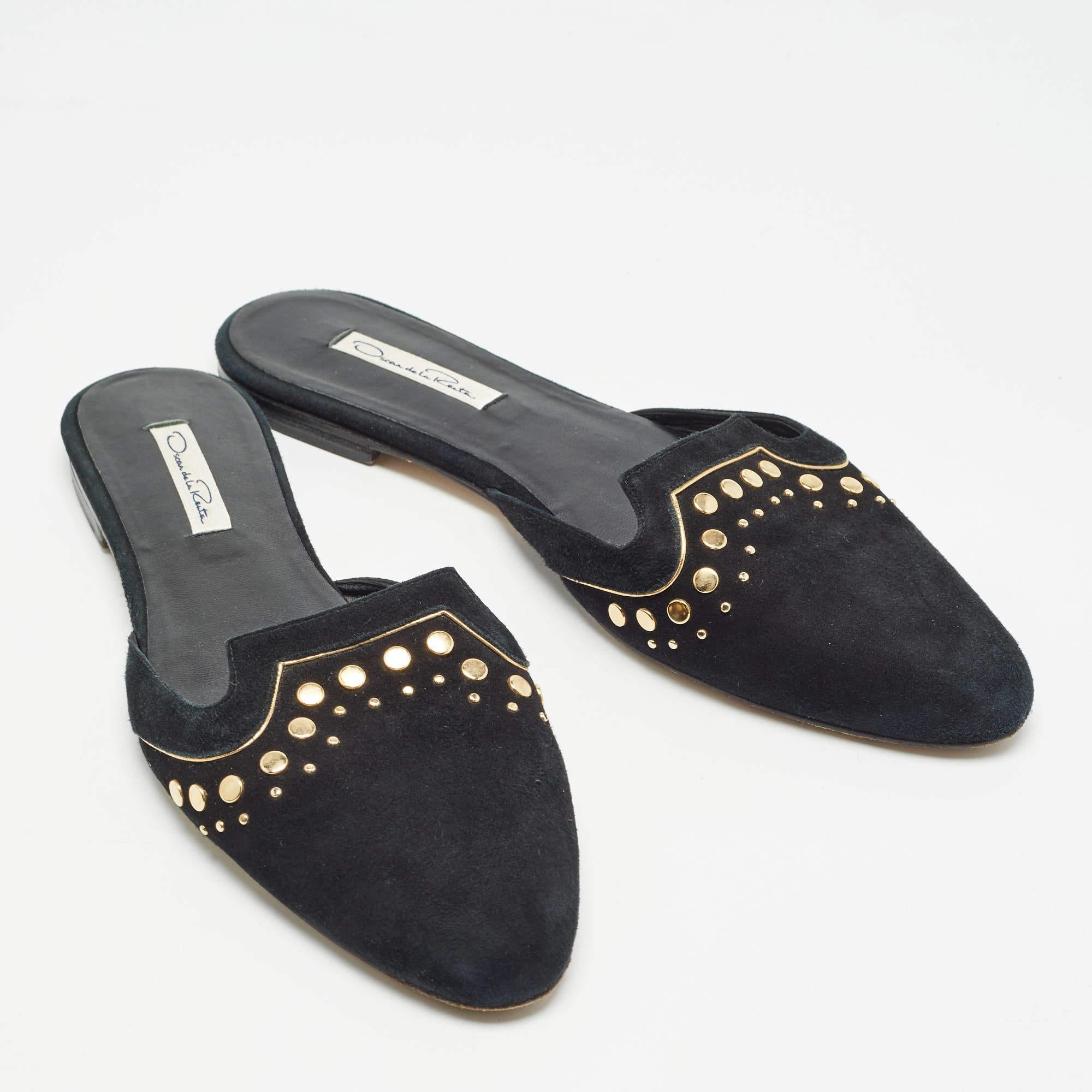 Women's Oscar de la Renta Black Suede Studded Flat Mules Size 41