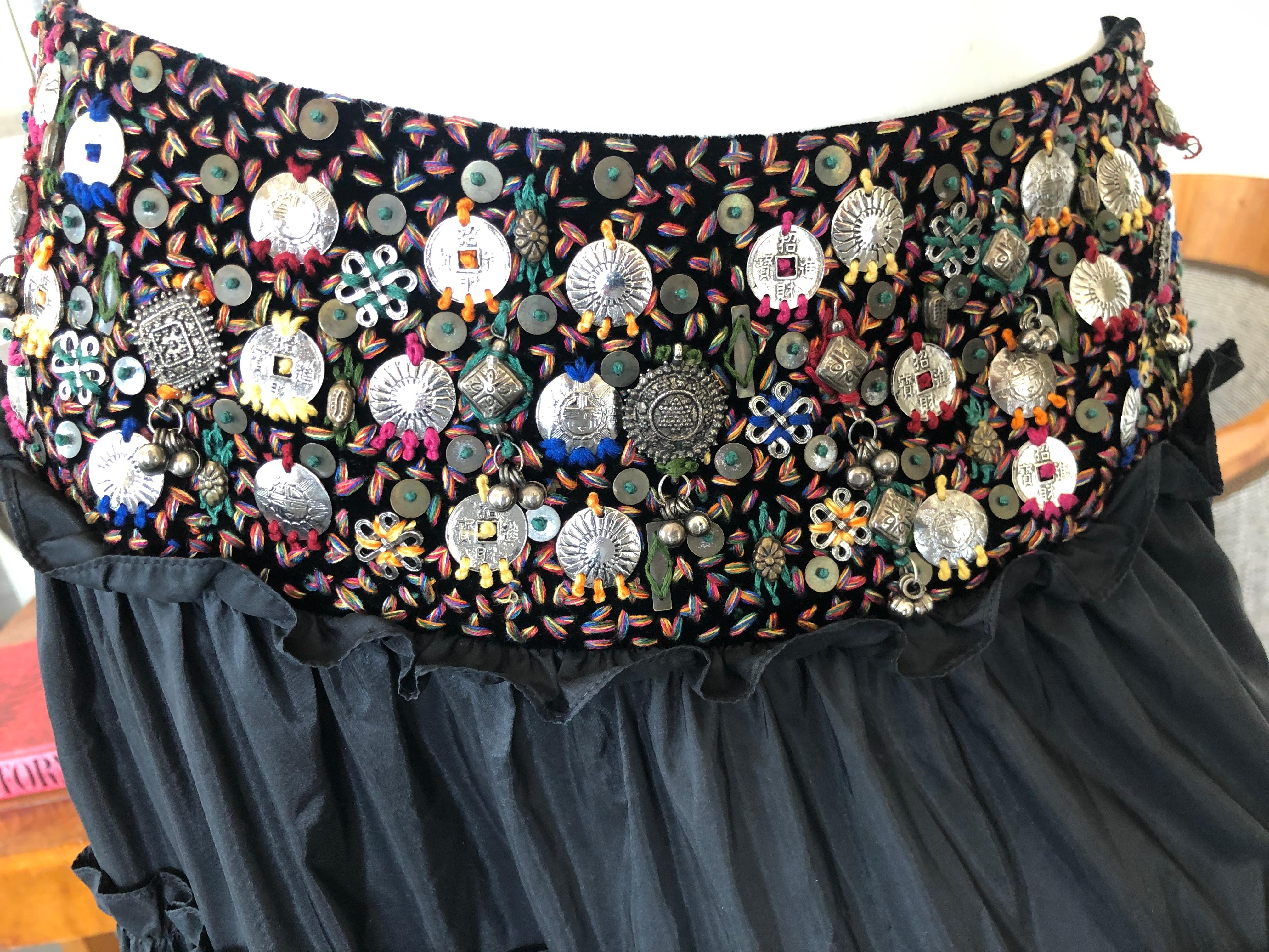 Oscar de la Renta Black Taffeta Silk Peasant Skirt with Jewel Hips For Sale 1