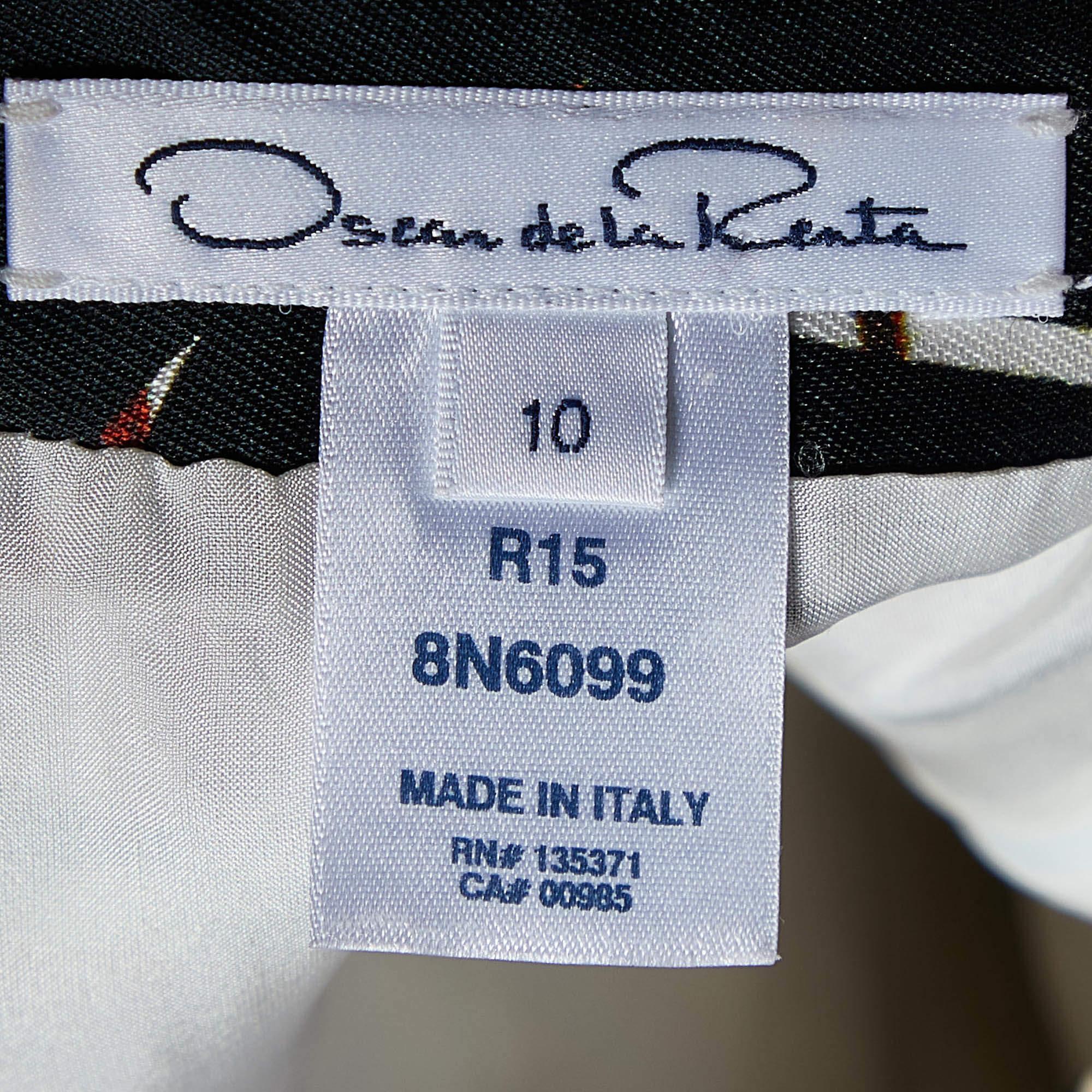 Oscar de la Renta Black Tropical Ikat Print Silk & Cotton A-Line Dress L For Sale 1