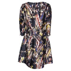 Used Oscar de la Renta Black Tropical Ikat Print Silk & Cotton A-Line Dress L