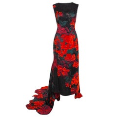 Oscar De La Renta Black Tufted Rose Fil Coupé Gown XL