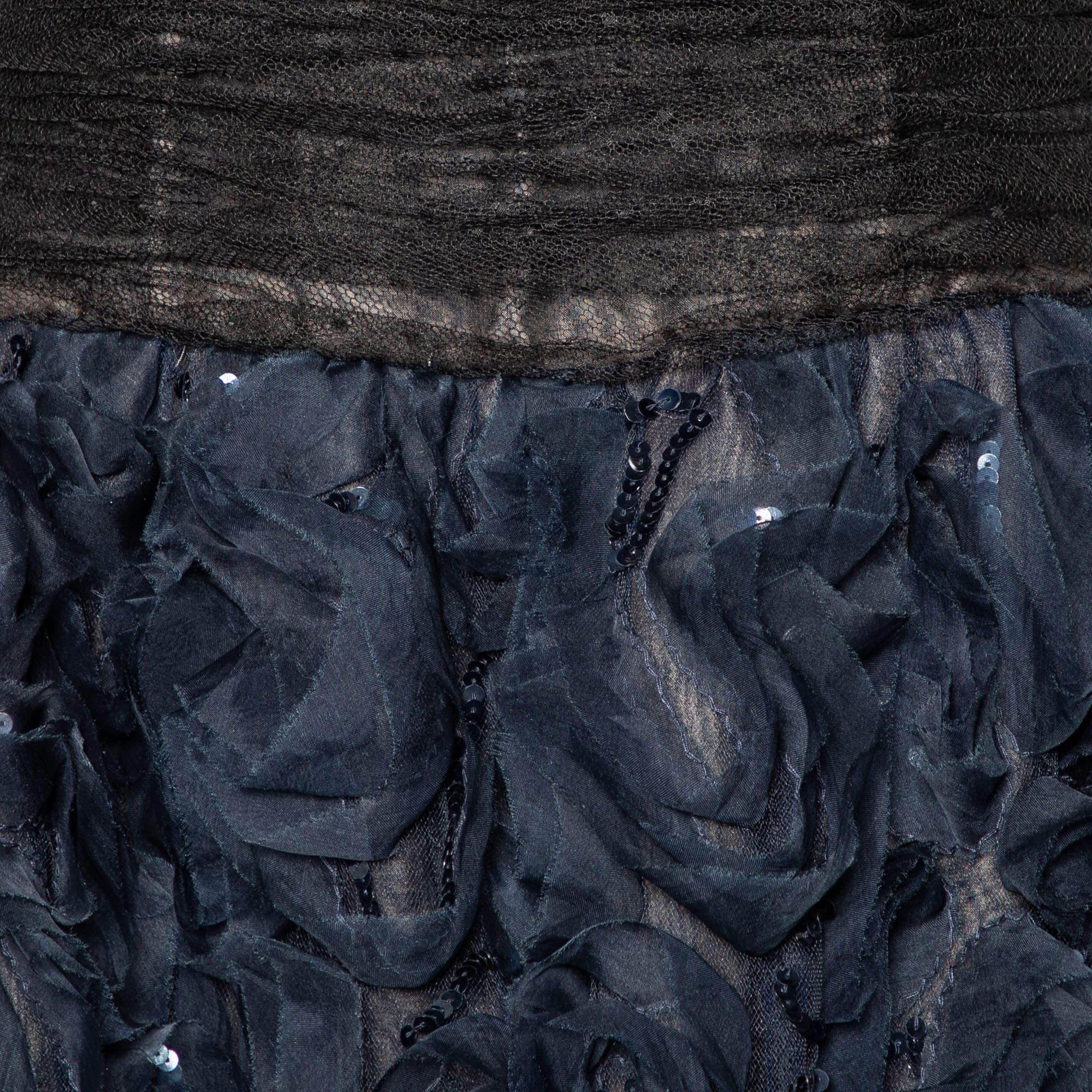 Women's Oscar de la Renta Black Tulle & Floral Silk Sequin Embellished Mini Dress L For Sale