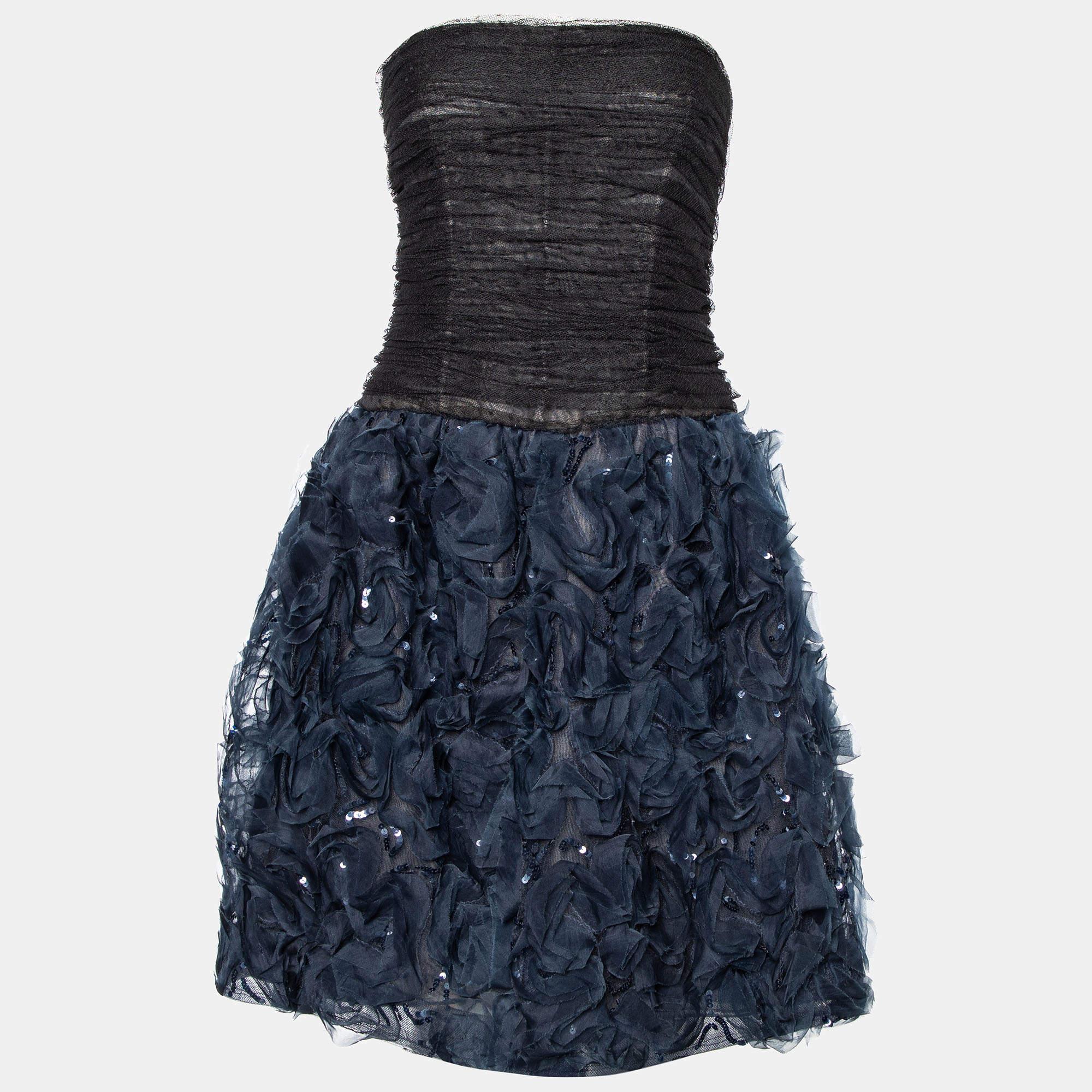 Oscar de la Renta Black Tulle & Floral Silk Sequin Embellished Mini Dress L For Sale