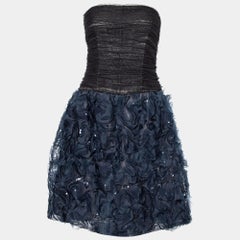 Oscar de la Renta Black Tulle & Floral Silk Sequin Embellished Mini Dress L