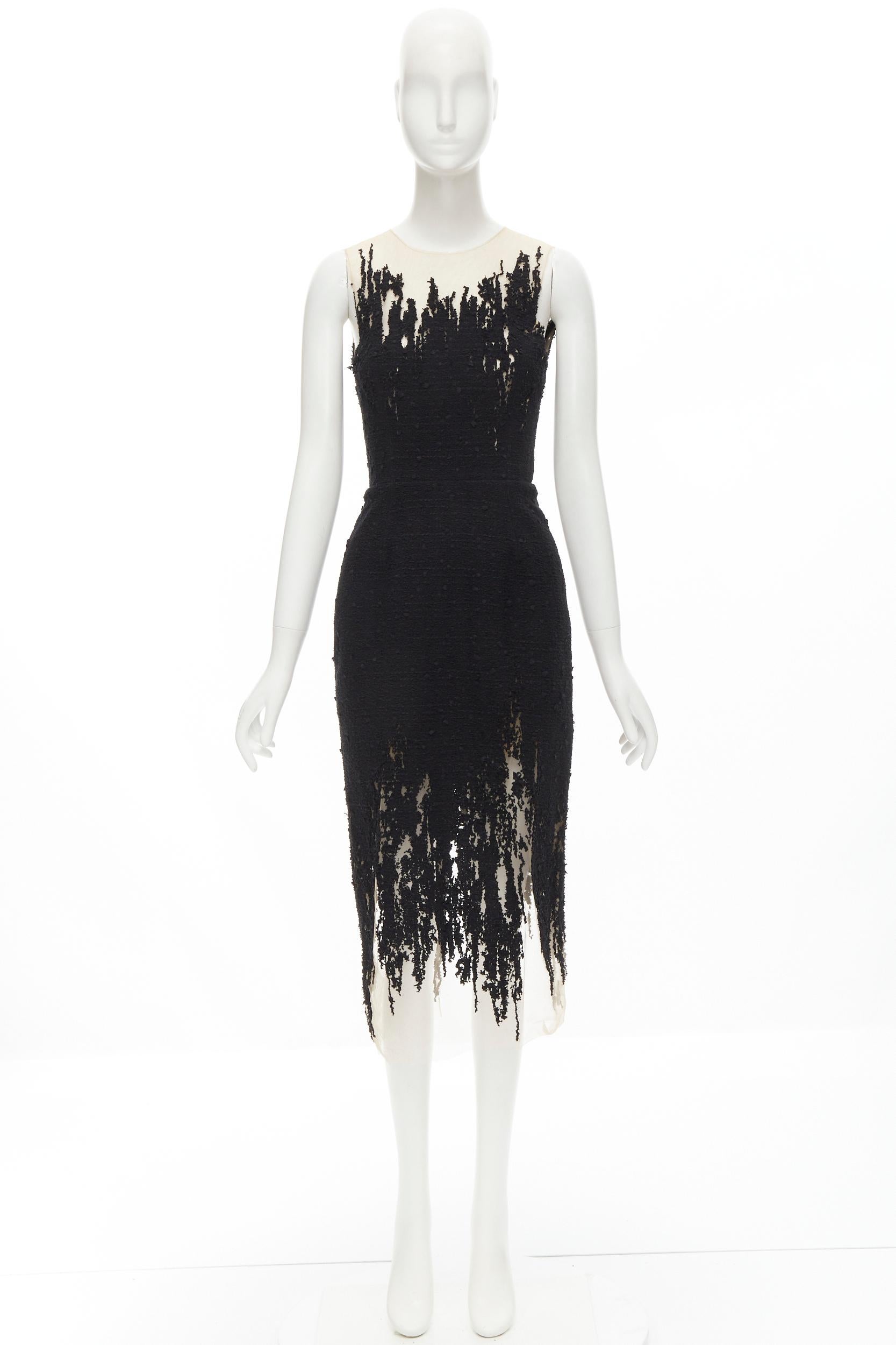 OSCAR DE LA RENTA black tweed nude mesh degrade sheath dress US2 XS 4