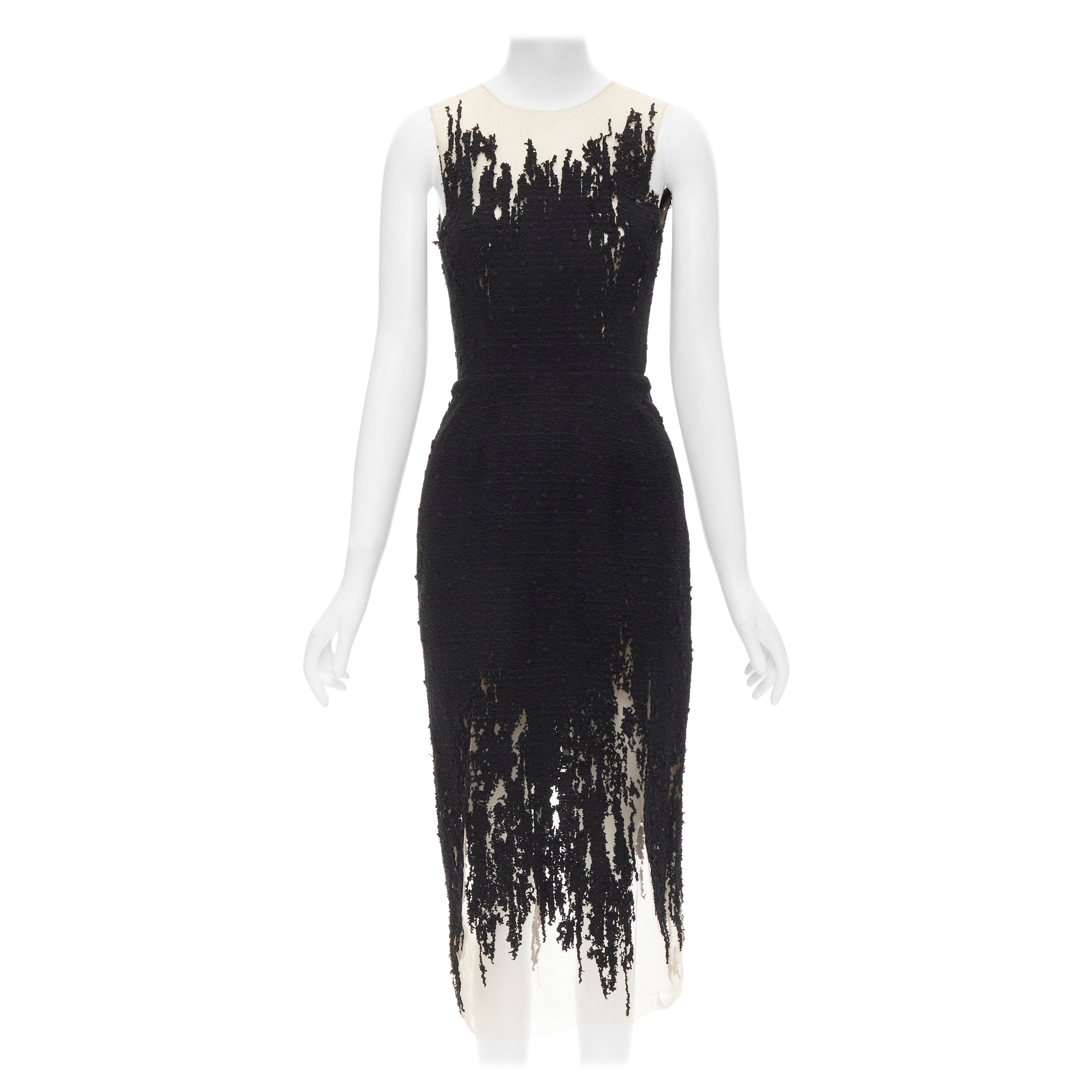 OSCAR DE LA RENTA black tweed nude mesh degrade sheath dress US2 XS