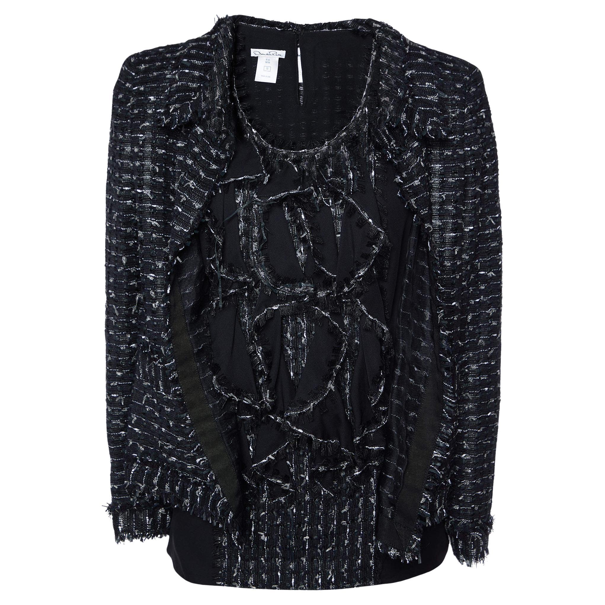Oscar de la Renta Black Tweed Ruffled Blouse & Jacket Set L For Sale