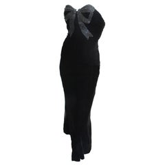 Oscar de la Renta Black Velvet Strapless Gown w/Beaded Bow Detail
