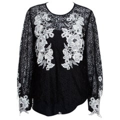 Oscar de la Renta Black & White Floral Lace Long Sleeve Blouse L