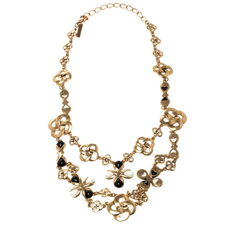 Contemporary Oscar De La Renta Black & White Resin Gold Tone Two-Tier Necklace