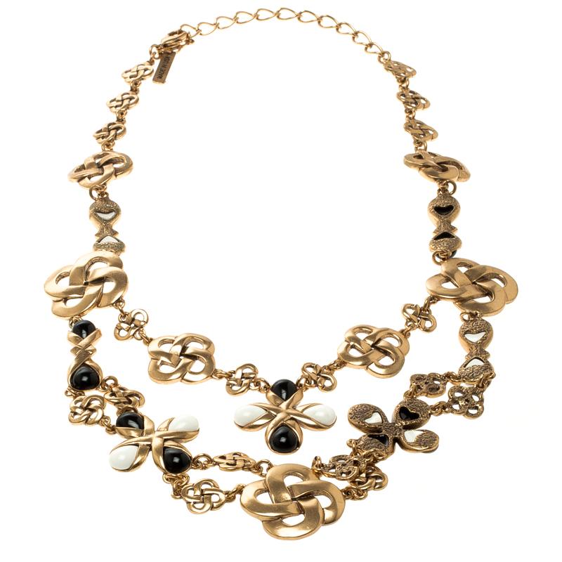 Oscar De La Renta Black & White Resin Gold Tone Two-Tier Necklace