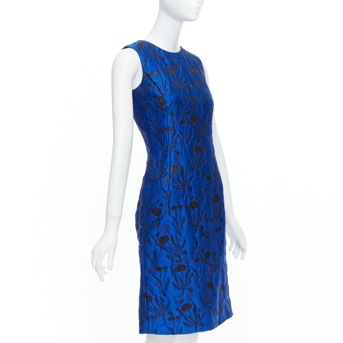 Blue OSCAR DE LA RENTA blue black lurex floral cloque midi dress US0 XS For Sale