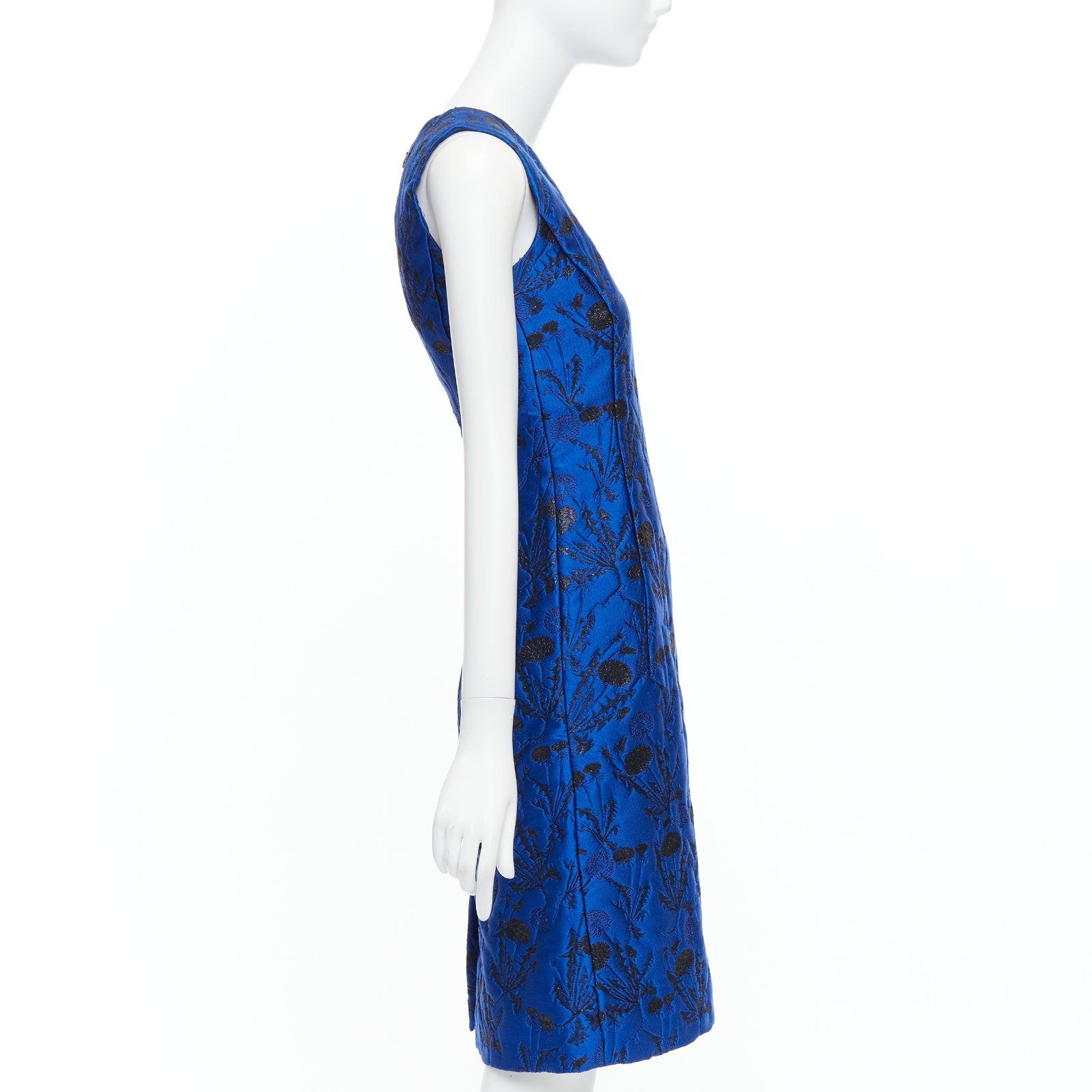 Women's OSCAR DE LA RENTA blue black lurex floral cloque midi dress US0 XS For Sale