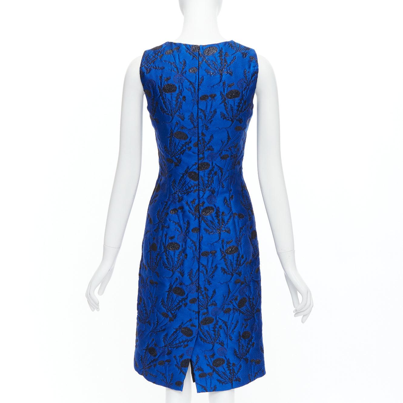 OSCAR DE LA RENTA blue black lurex floral cloque midi dress US0 XS For Sale 1