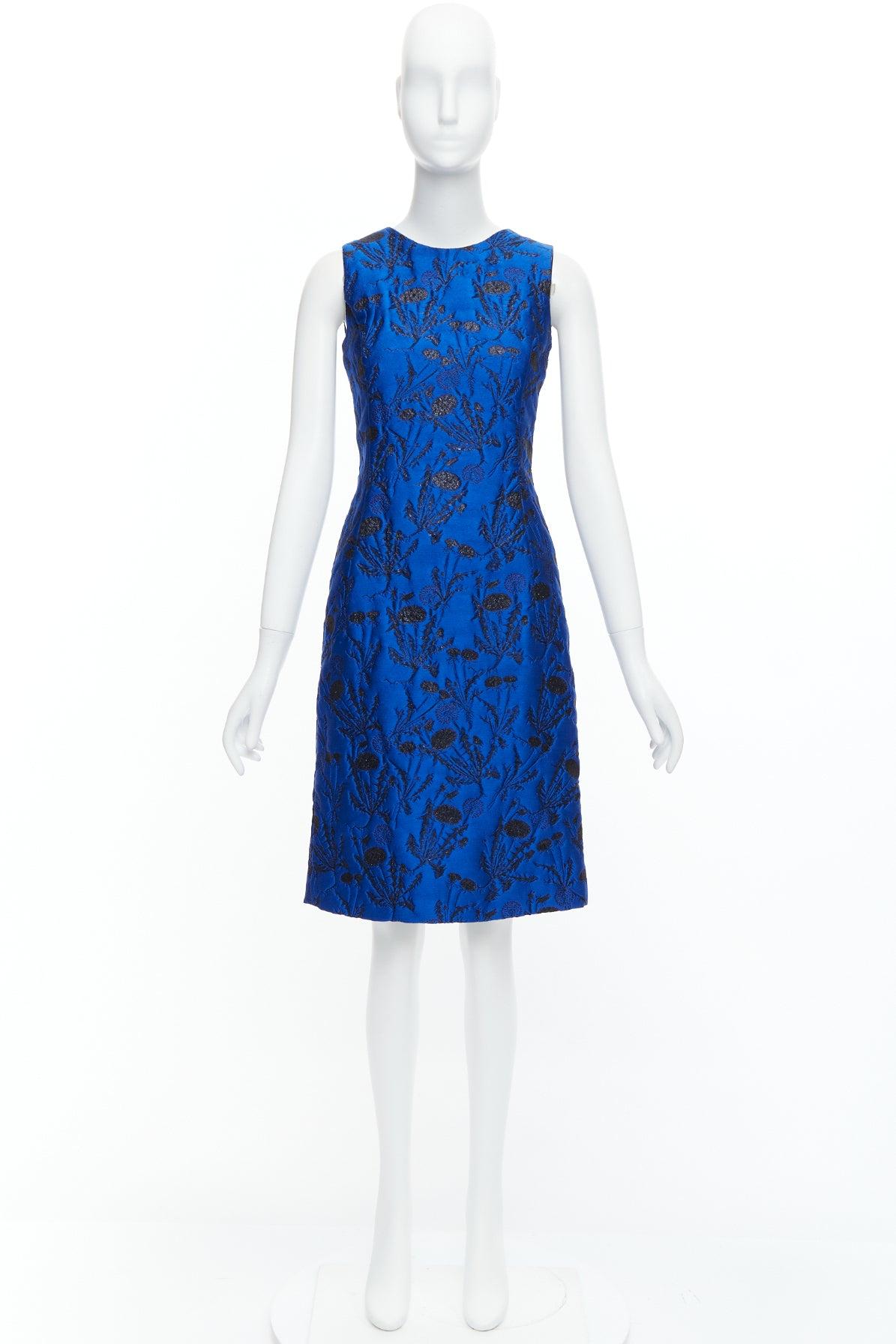 OSCAR DE LA RENTA blue black lurex floral cloque midi dress US0 XS For Sale 5