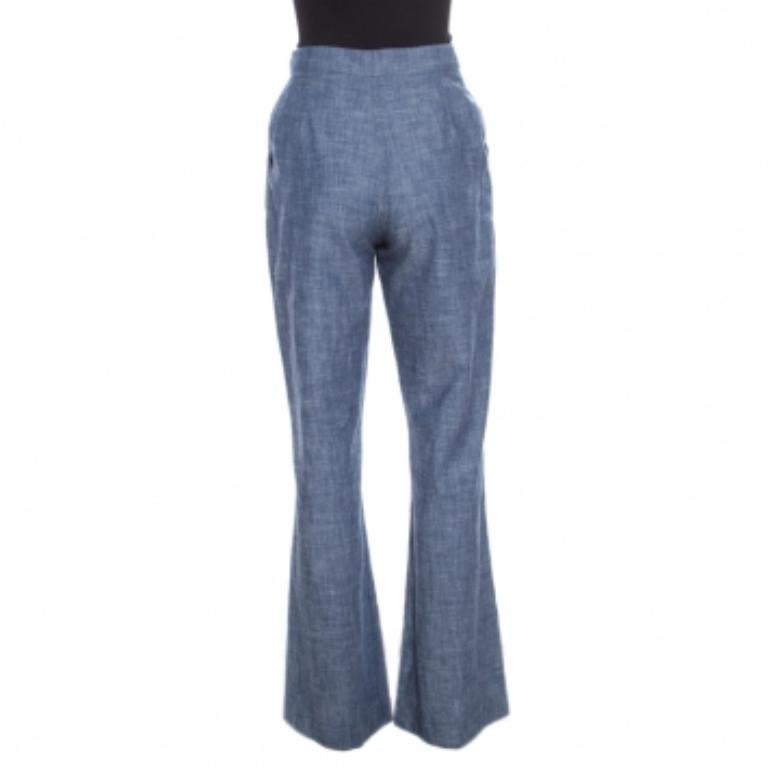 Oscar de la Renta Blue Cotton High Waisted Wide Leg Trousers M (Grau) im Angebot