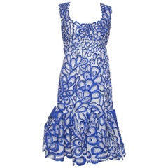 Oscar de la Renta Blue Floral Embroidered Mesh Sleeveless Dress M