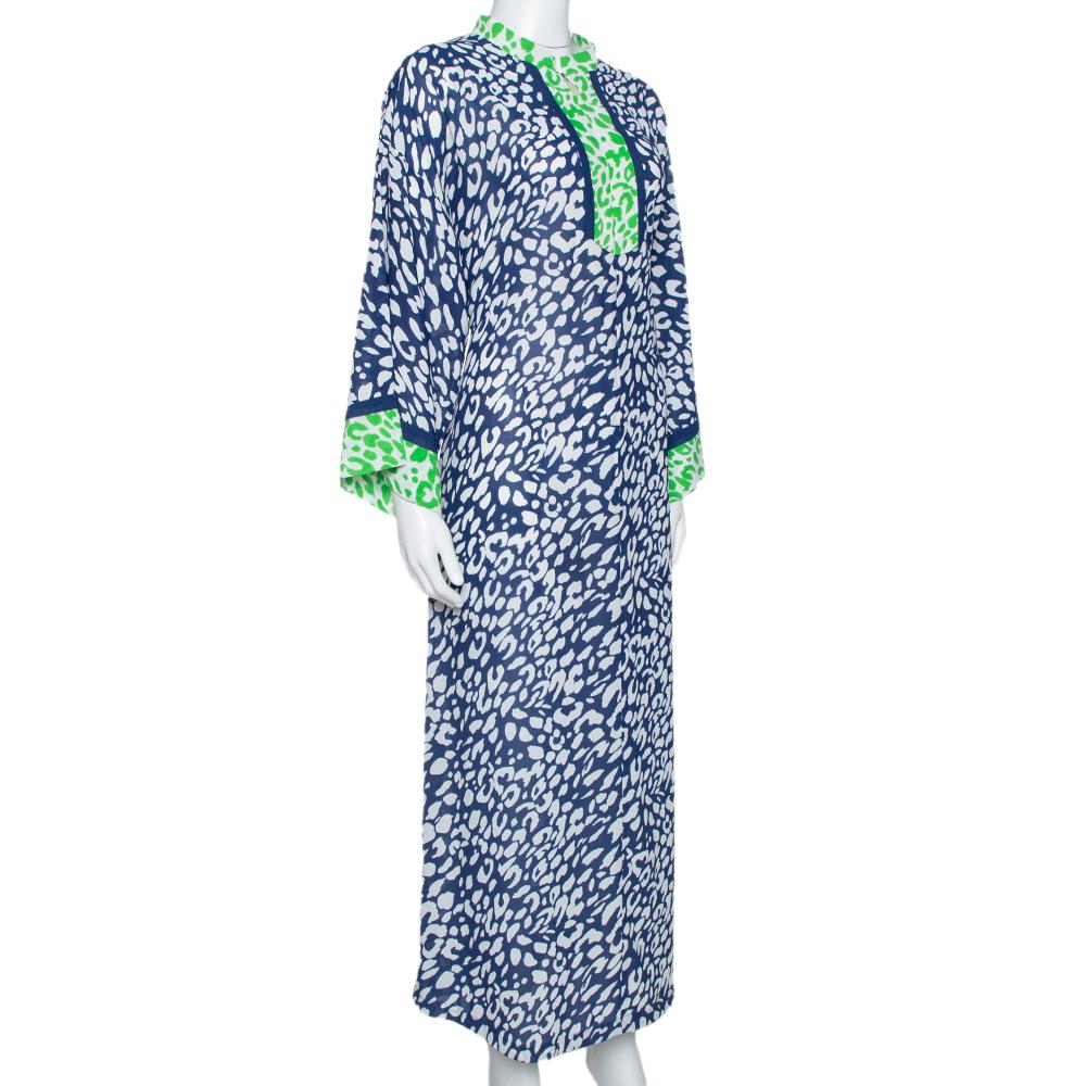 Oscar de la Renta Blue & Green Animal Print Maxi Kaftan Dress XL In Excellent Condition In Dubai, Al Qouz 2
