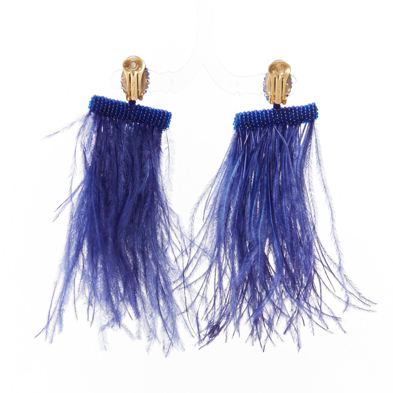 Women's OSCAR DE LA RENTA blue ostrich feather beaded statement clip on earrings pair For Sale