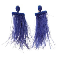 OSCAR DE LA RENTA blue ostrich feather beaded statement clip on earrings pair