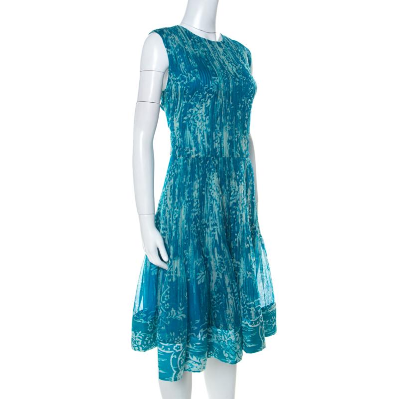 Oscar de La Renta Blue Printed Toile Silk Pleated Sleeveless Dress L In Excellent Condition In Dubai, Al Qouz 2