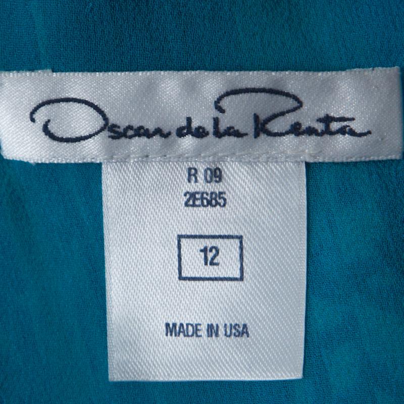 Women's Oscar de La Renta Blue Printed Toile Silk Pleated Sleeveless Dress L