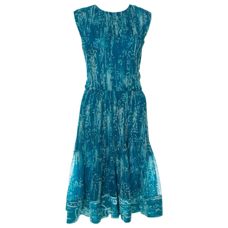 Oscar de La Renta Blue Printed Toile Silk Pleated Sleeveless Dress L