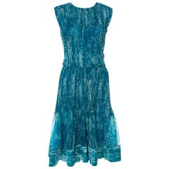 Oscar de La Renta Blue Printed Toile Silk Pleated Sleeveless Dress L