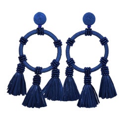 Oscar de la Renta Blue Raffia Tassels Beaded Hoop Earrings