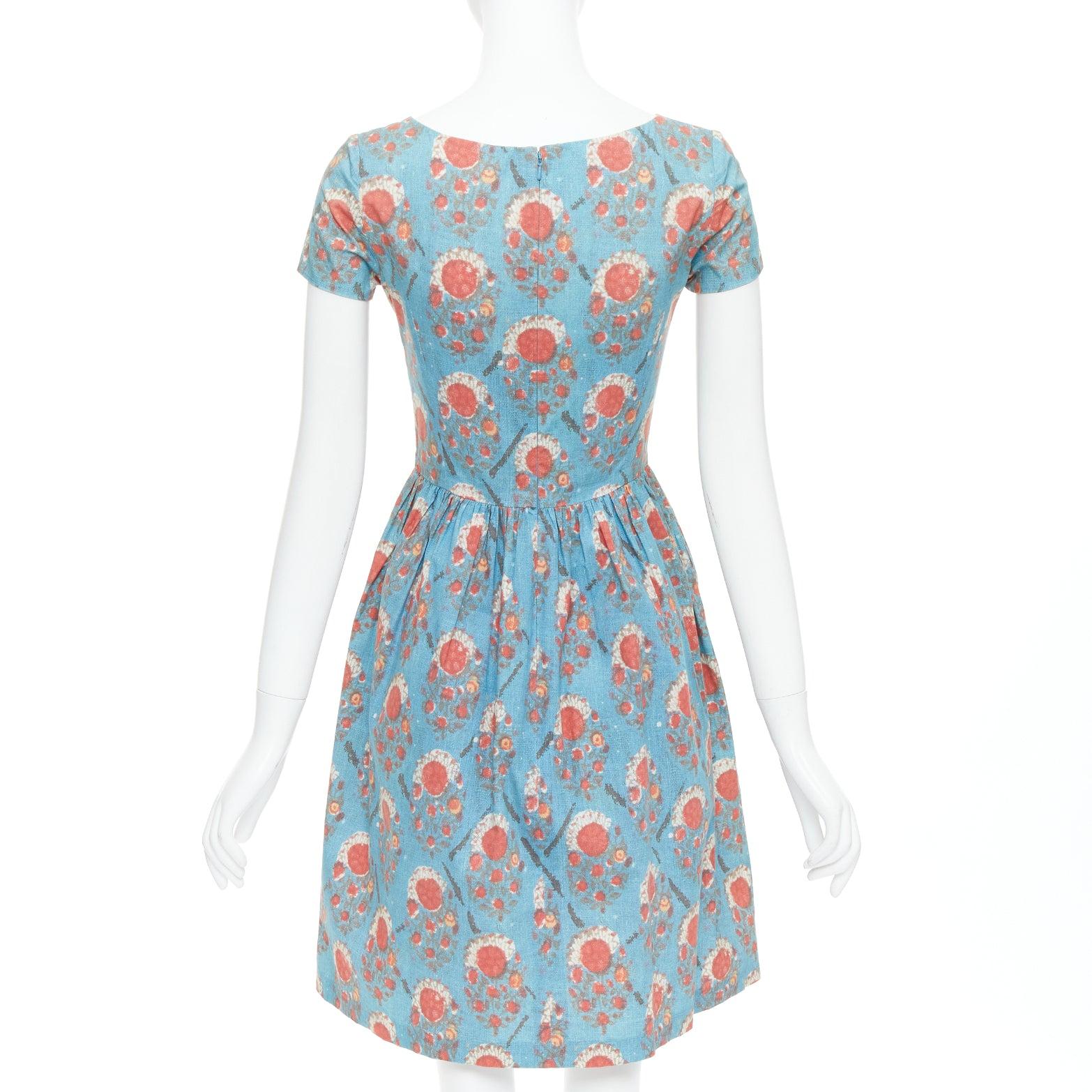 OSCAR DE LA RENTA blue red vintage print cocktail dress US0 XS Taylor Swift For Sale 1