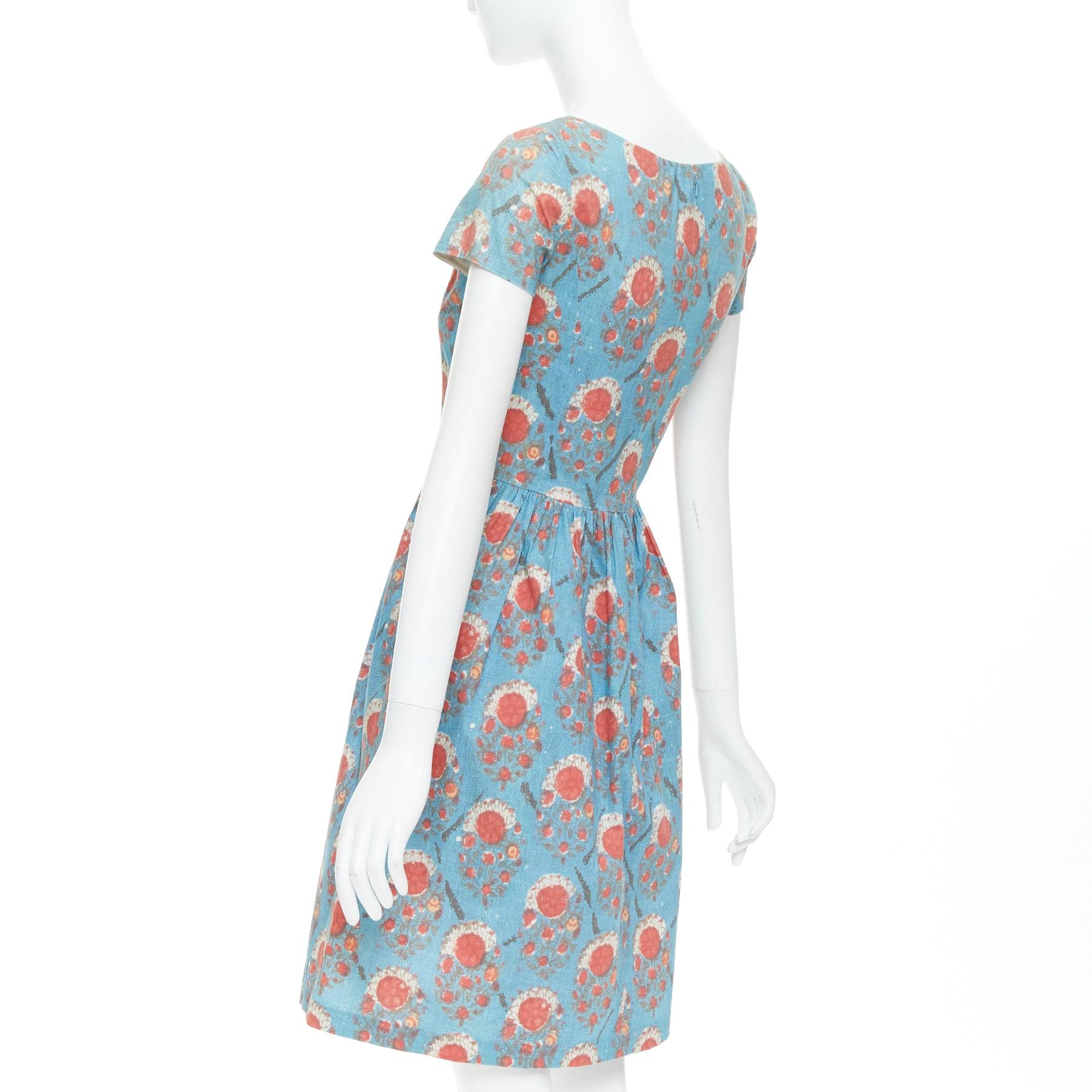 OSCAR DE LA RENTA blue red vintage print cocktail dress US0 XS Taylor Swift For Sale 2