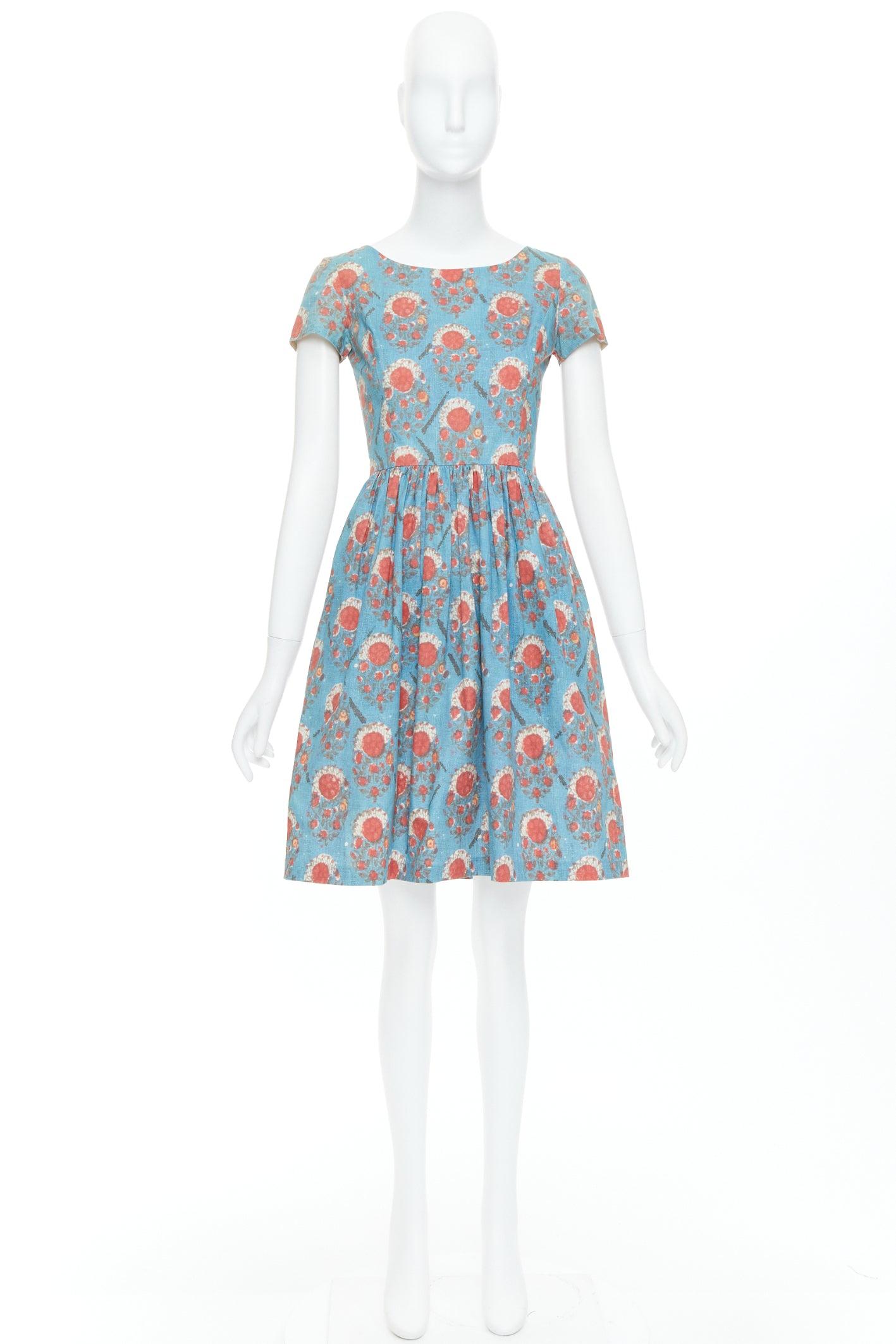 OSCAR DE LA RENTA blue red vintage print cocktail dress US0 XS Taylor Swift For Sale 5