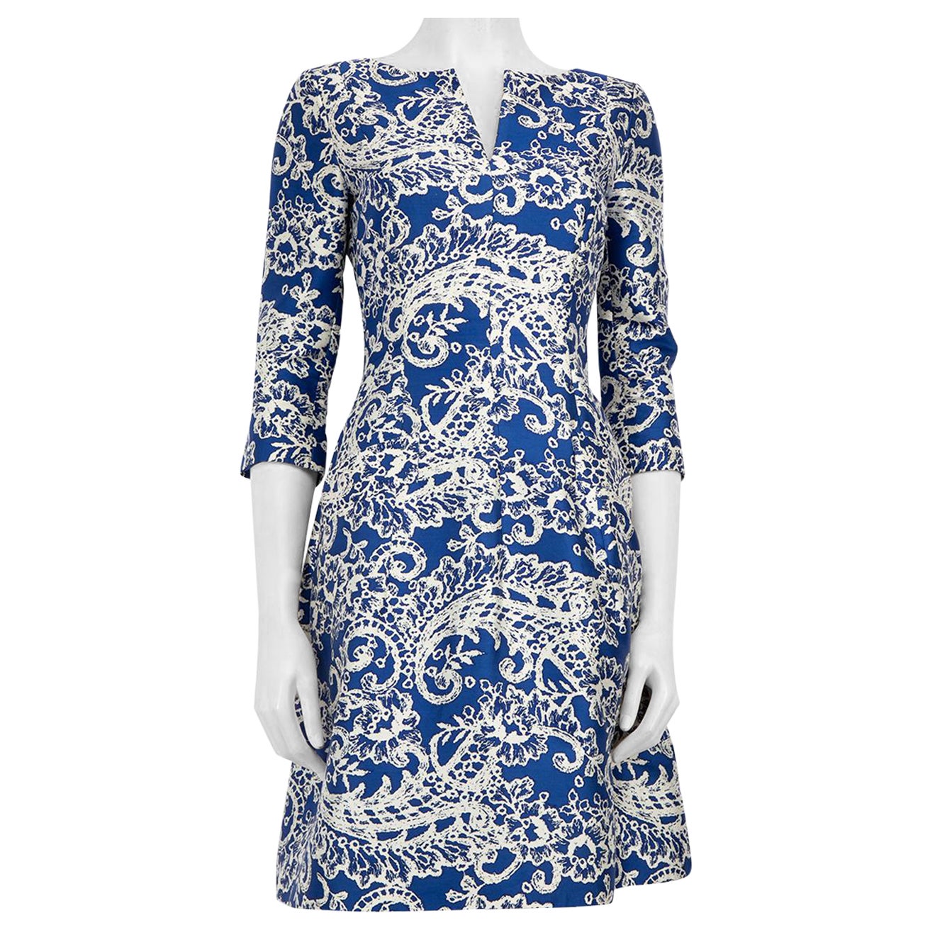 Oscar de la Renta Blaues Kleid aus Seide mit abstraktem Muster Größe XS