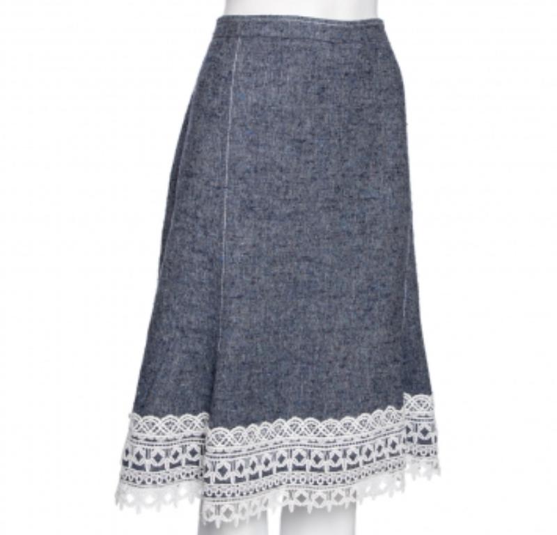 Donna Oscar De La Renta Gonna in seta e lino blu con bordi in pizzo MTO in vendita