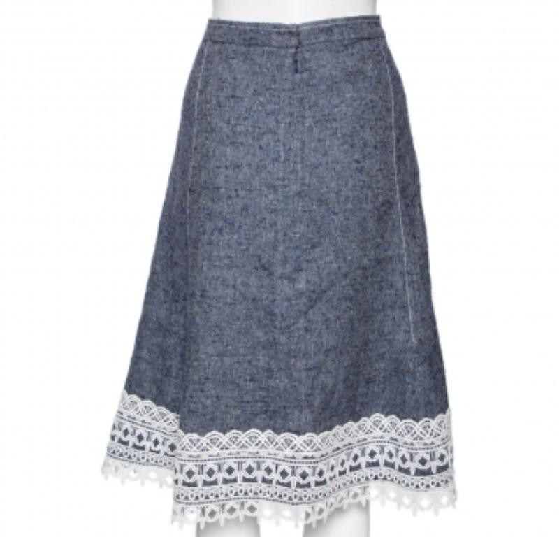Oscar De La Renta Gonna in seta e lino blu con bordi in pizzo MTO in vendita 1