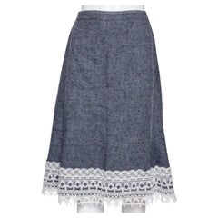 Oscar De La Renta Falda azul de seda y lino con adornos de encaje MTO