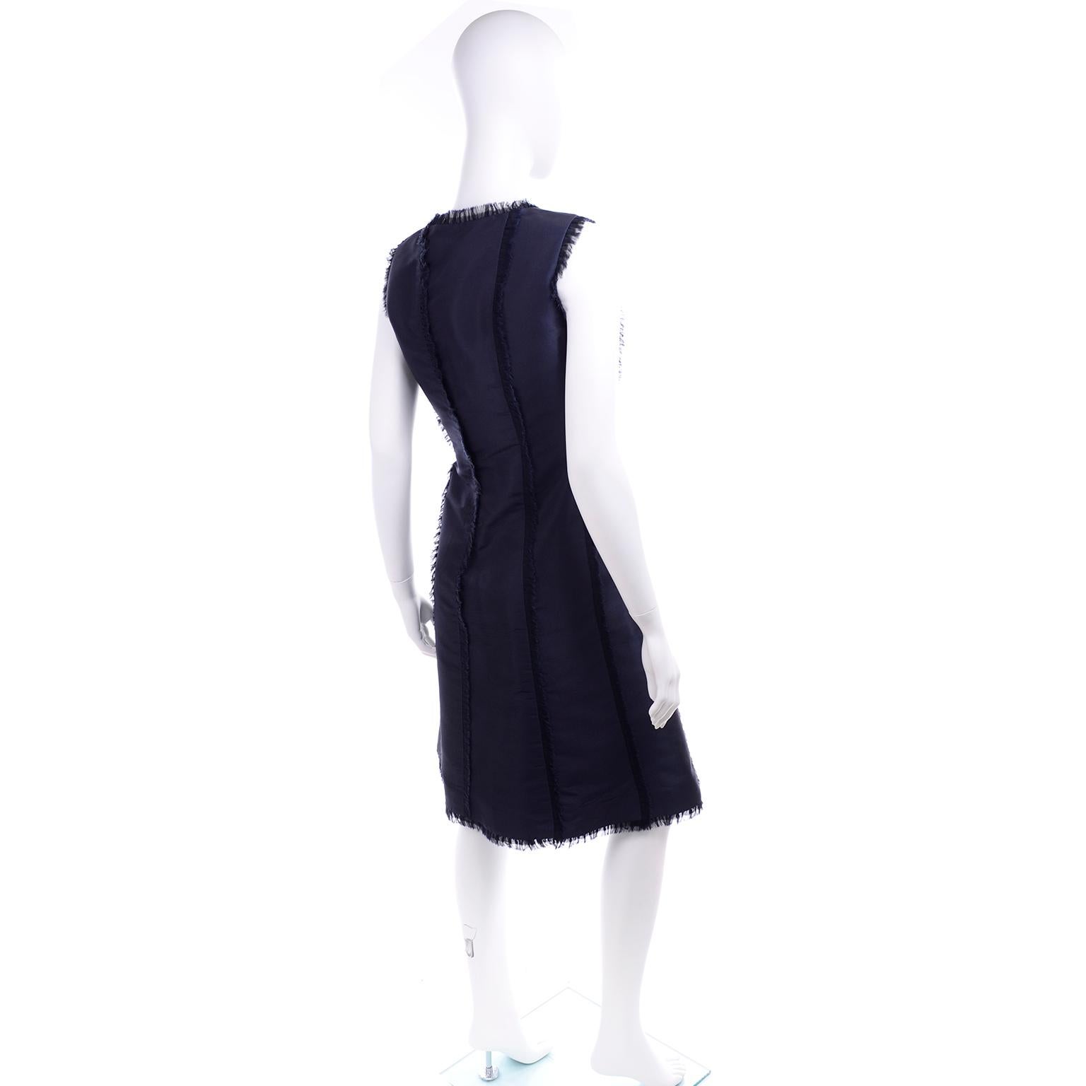 Oscar de la Renta Blue Silk Sleeveless Evening Dress Structured w/ Frayed Seams In Excellent Condition In Portland, OR