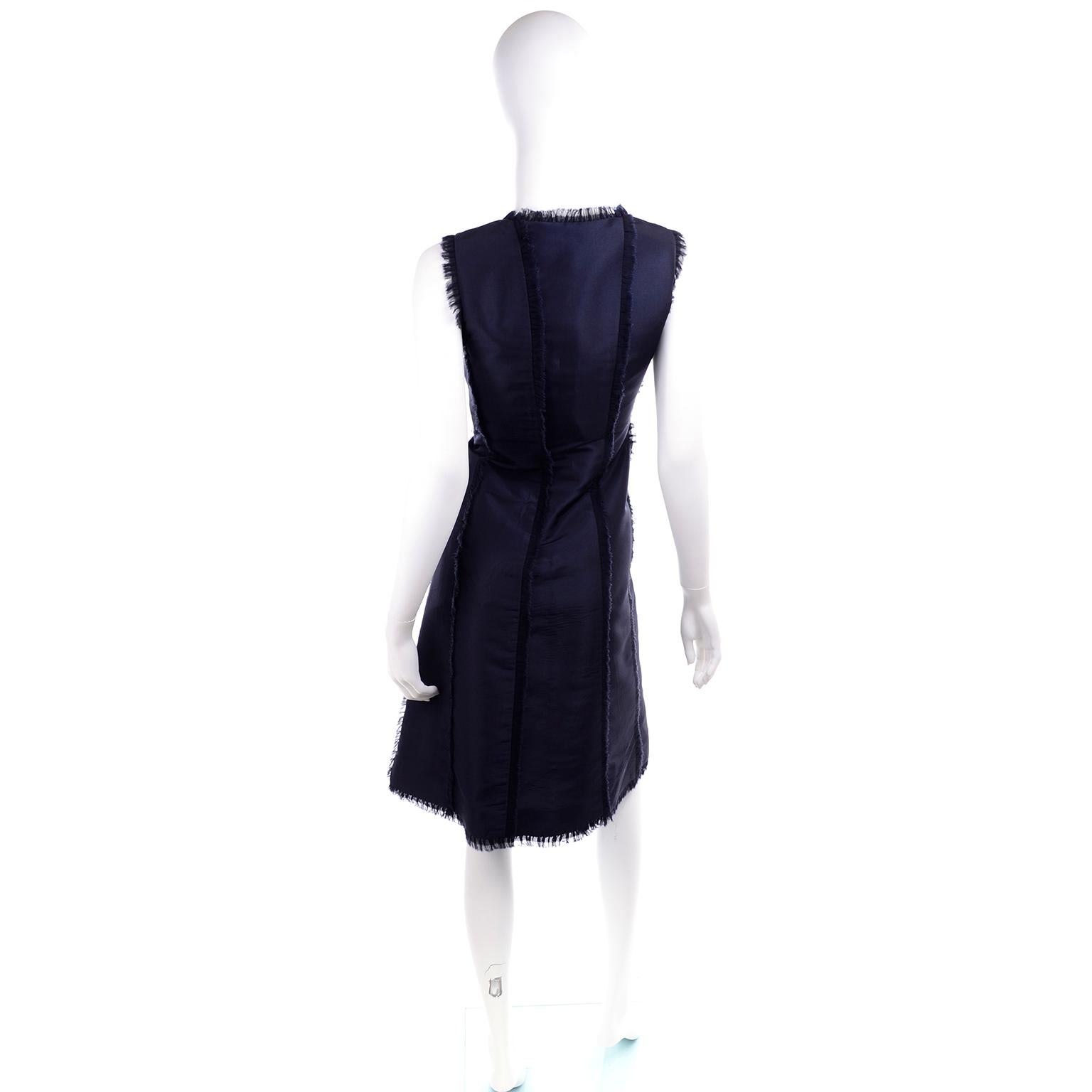 Women's Oscar de la Renta Blue Silk Sleeveless Evening Dress Structured w/ Frayed Seams