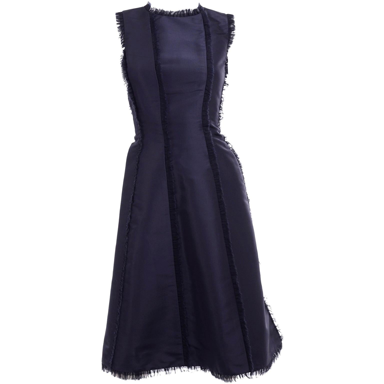 Oscar de la Renta Blue Silk Sleeveless Evening Dress Structured w/ Frayed Seams
