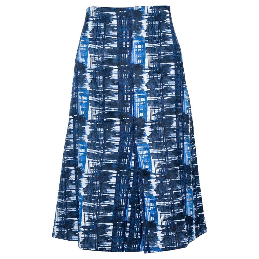 Oscar de la Renta Blue & White Jacquard Patterned A-Line Skirt L