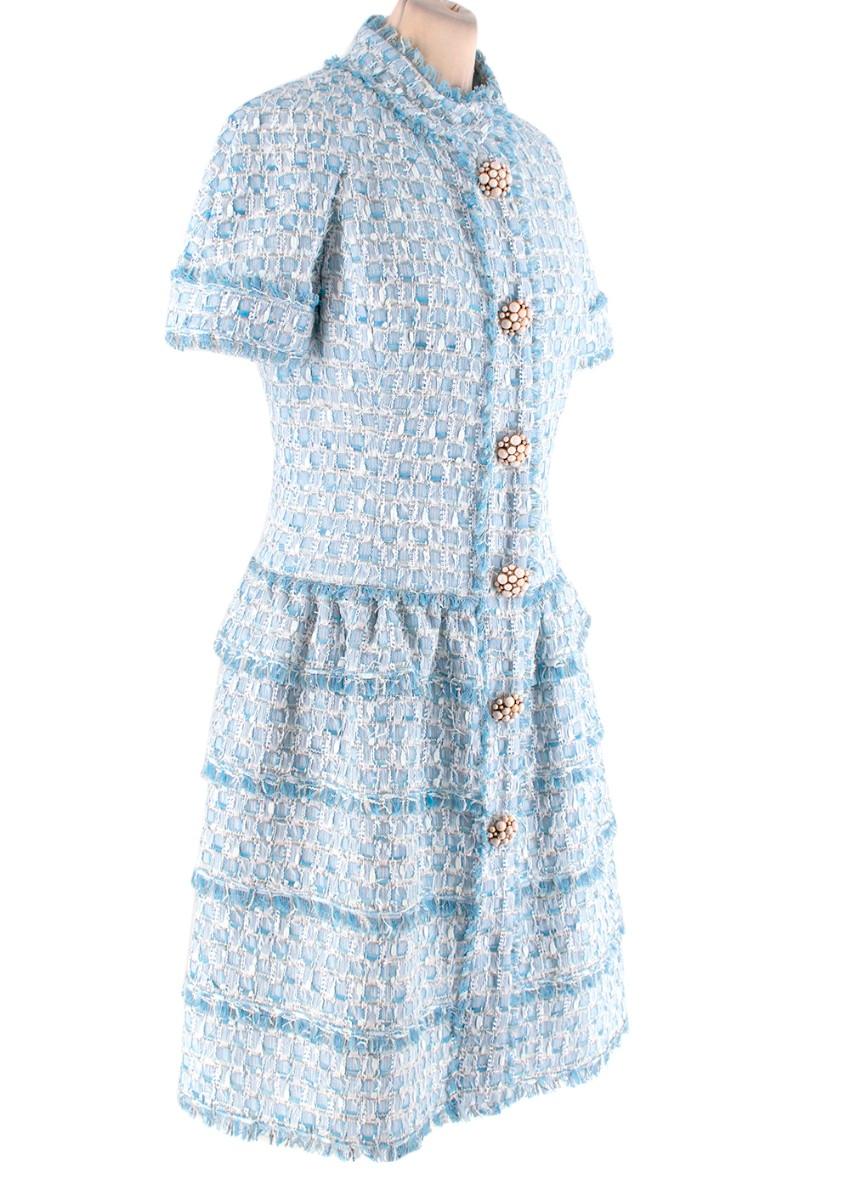  Oscar de La Renta Blue & White Ribbon Tweed Coat Dress
 

 - Eyecatching pale blue and white ribbon tweed is used to create a short sleeve, full skirted dress with stand collar, and stone-encrusted, gold-tone metal buttons
 - Fully lined, above