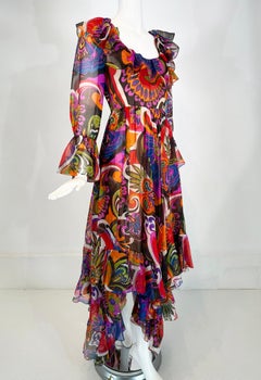 Oscar De La Renta Fettdruck Seide Organza Rüschenbesatz Rundhalsausschnitt Kleid 1970er